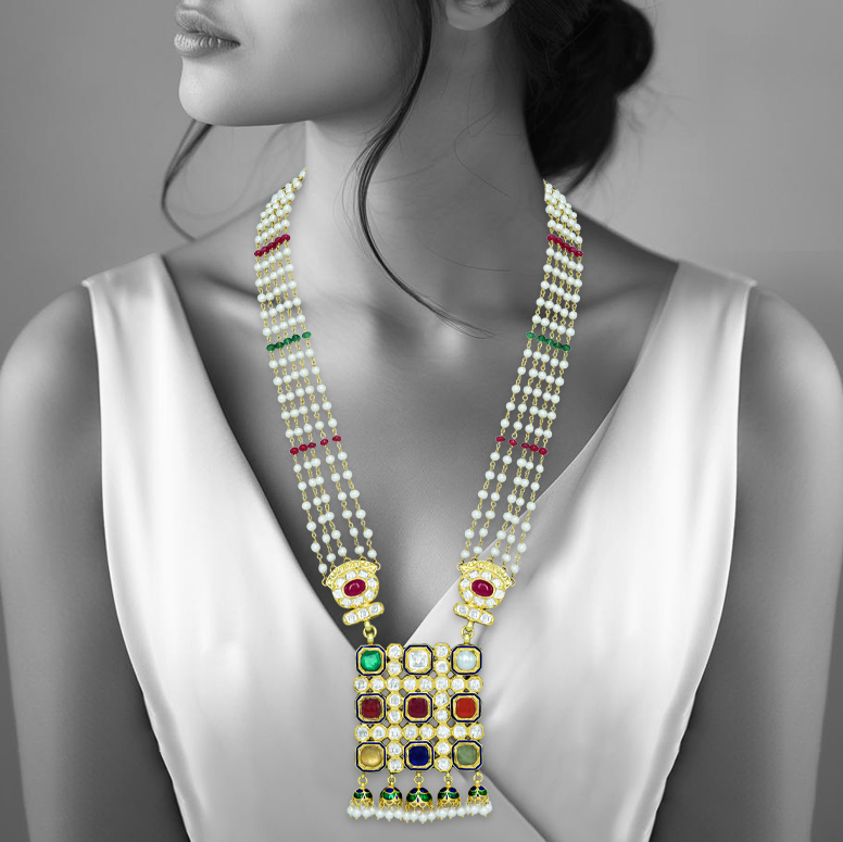 Pearl Necklace with Navratan Pendant and Ruby-Emerald Beads